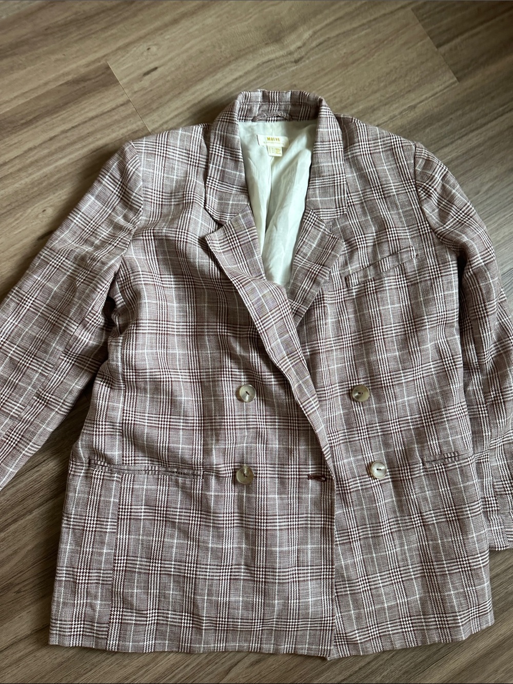 Double-Breasted Plaid Blazer in Mauve and Cream